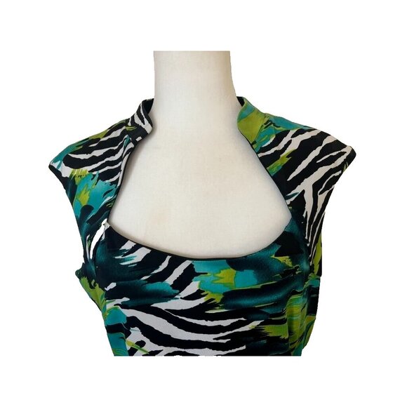 NWT FRANK LYMAN Dress Size 16 Colorful Green Blue Ruched Waist Stretchy Midi - Picture 2 of 7